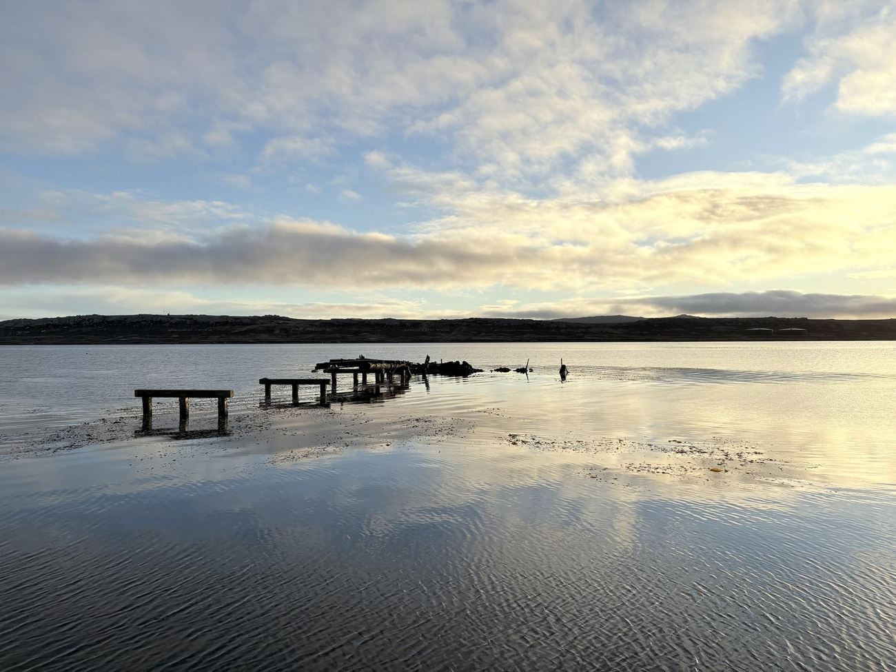 Remains of a 19th-century shipwreck at low tide in Stanley Harbour, Falkland Islands, at sunset